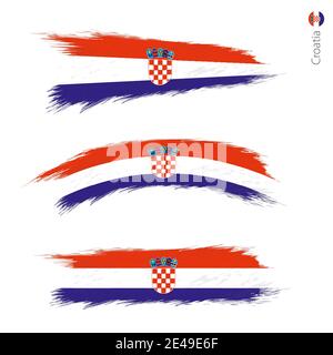 Set of 3 grunge textured flag of Croatia, three versions of national country flag in brush strokes painted style. Vector flags. Stock Vector