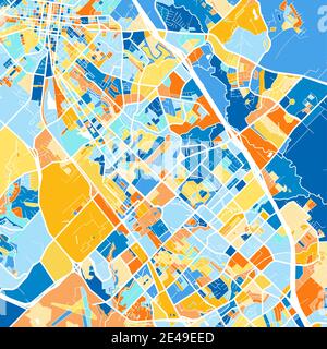 Color art map of  CollegeStation, Texas, UnitedStates in blues and oranges. The color gradations in CollegeStation   map follow a random pattern. Stock Vector