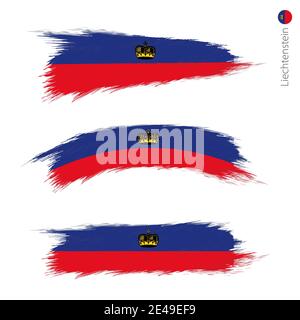 Set of 3 grunge textured flag of Liechtenstein, three versions of national country flag in brush strokes painted style. Vector flags. Stock Vector