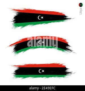 Set of 3 grunge textured flag of Libya, three versions of national country flag in brush strokes painted style. Vector flags. Stock Vector