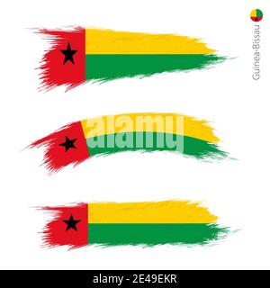 Set of 3 grunge textured flag of Guinea-Bissau, three versions of national country flag in brush strokes painted style. Vector flags. Stock Vector