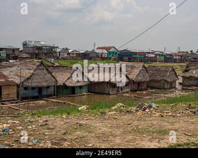 Belen, Peru - Sep 2017: Wooden floating houses and houses on stilts in the floodplain of the Itaya River, the poorest part of Iquitos - Belén. Venice Stock Photo