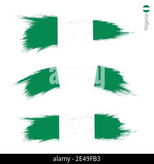 Set of 3 grunge textured flag of Nigeria, three versions of national country flag in brush strokes painted style. Vector flags. Stock Vector