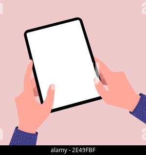 Hands holing tablet computer with blank screen. Editable tablet template. Stock Vector
