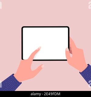 Hands holing tablet computer and pointing on the blank screen. Editable tablet template. Stock Vector