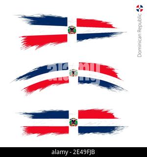 Set of 3 grunge textured flag of Dominican Republic, three versions of national country flag in brush strokes painted style. Vector flags. Stock Vector