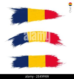Set of 3 grunge textured flag of Chad, three versions of national country flag in brush strokes painted style. Vector flags. Stock Vector