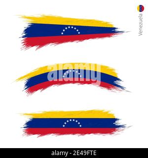 Set of 3 grunge textured flag of Venezuela, three versions of national country flag in brush strokes painted style. Vector flags. Stock Vector