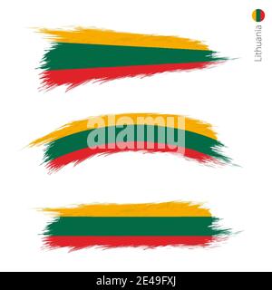 Set of 3 grunge textured flag of Lithuania, three versions of national country flag in brush strokes painted style. Vector flags. Stock Vector
