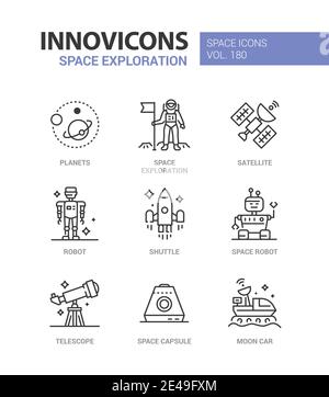 Space exploration - line design style icons set. Galaxy, astronomy and futuristic technologies idea. A collection with planets, satellite, robot, shut Stock Vector
