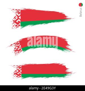 Set of 3 grunge textured flag of Belarus, three versions of national country flag in brush strokes painted style. Vector flags. Stock Vector