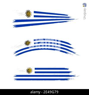 Set of 3 grunge textured flag of Uruguay, three versions of national country flag in brush strokes painted style. Vector flags. Stock Vector