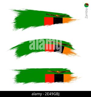 Set of 3 grunge textured flag of Zambia, three versions of national country flag in brush strokes painted style. Vector flags. Stock Vector