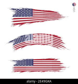 Set of 3 grunge textured flag of USA, three versions of national country flag in brush strokes painted style. Vector flags. Stock Vector