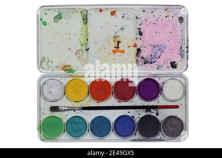 opened used watercolor box isolated on white background Stock Photo