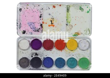 opened used watercolor box isolated on white background Stock Photo