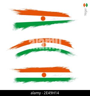 Set of 3 grunge textured flag of Niger, three versions of national country flag in brush strokes painted style. Vector flags. Stock Vector