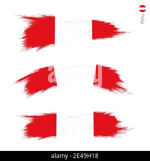 Set of 3 grunge textured flag of Peru, three versions of national country flag in brush strokes painted style. Vector flags. Stock Vector