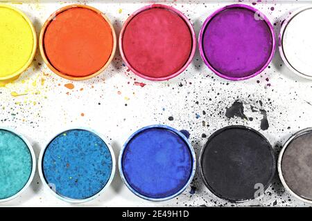 opened used watercolor painting box Stock Photo