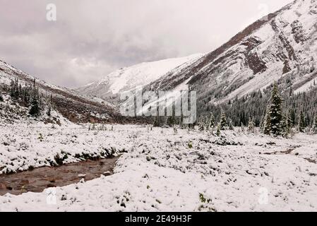 Onset of winter at Shovel Pass Lodge, Skyline Hiking Trail near Jasper, Jasper National Park, Rocky Mountains, Alberta, Canada