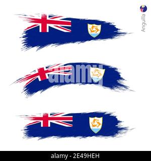 Set of 3 grunge textured flag of Anguilla, three versions of national country flag in brush strokes painted style. Vector flags. Stock Vector