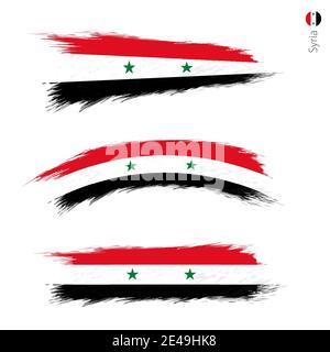Set of 3 grunge textured flag of Syria, three versions of national country flag in brush strokes painted style. Vector flags. Stock Vector