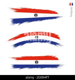 Set of 3 grunge textured flag of Paraguay, three versions of national country flag in brush strokes painted style. Vector flags. Stock Vector