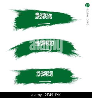 Set of 3 grunge textured flag of Saudi Arabia, three versions of national country flag in brush strokes painted style. Vector flags. Stock Vector