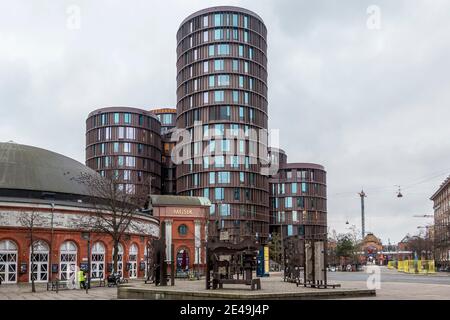 Copenhagen, Denmark - 12 Dec 2020: Modern architecture solution. Offices of business center in neo-futurism architecture style - Axel Towers of law co Stock Photo