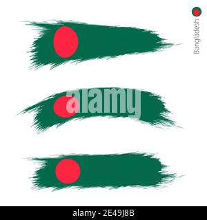 Set of 3 grunge textured flag of Bangladesh, three versions of national country flag in brush strokes painted style. Vector flags. Stock Vector