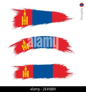 Set of 3 grunge textured flag of Mongolia, three versions of national country flag in brush strokes painted style. Vector flags. Stock Vector