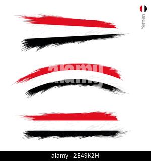 Set of 3 grunge textured flag of Yemen, three versions of national country flag in brush strokes painted style. Vector flags. Stock Vector