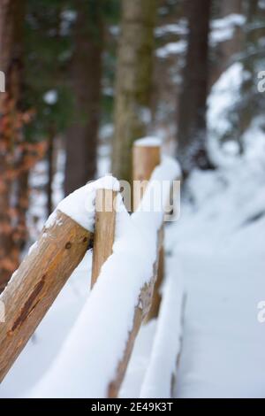 Wooden fence in the snow, circles covered with a thick layer of snow. Selective focus Stock Photo