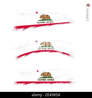 Set of 3 grunge textured flag of US State California, three versions of state flag in brush strokes painted style. Vector flags. Stock Vector