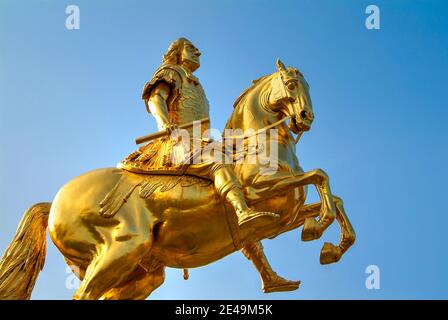 Gilded equestrian statue of Friedrich August II on the Neustädter Markt, Dresden, Saxony, Germany Stock Photo