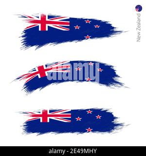 Set of 3 grunge textured flag of New Zealand, three versions of national country flag in brush strokes painted style. Vector flags. Stock Vector