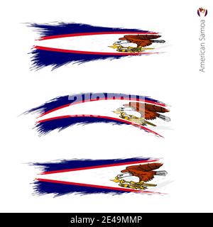 Set of 3 grunge textured flag of American Samoa, three versions of national country flag in brush strokes painted style. Vector flags. Stock Vector