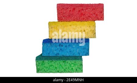 A set of scouring pads for washing dishes is isolated on a white background, kitchen sponge, scrubber for dirty dishes. Stock Photo