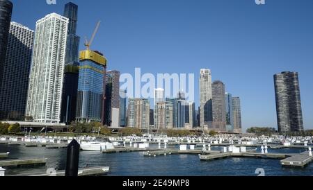 Chicago skyline with Lake Michigan photographed from the DuSable Harbor Marina Stock Photo