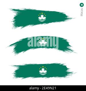 Set of 3 grunge textured flag of Macau, three versions of national country flag in brush strokes painted style. Vector flags. Stock Vector