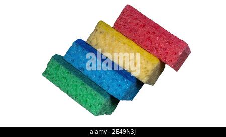 Set of multi-colored washcloths is isolated on a white background, sponges for washing dishes. Stock Photo