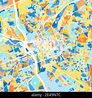 Color art map of  Columbia, South Carolina, UnitedStates in blues and oranges. The color gradations in Columbia   map follow a random pattern. Stock Vector
