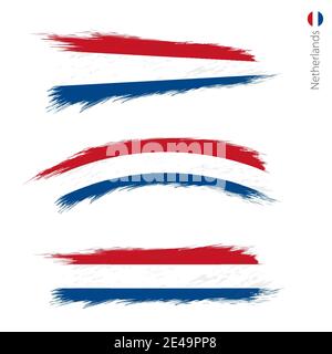 Set of 3 grunge textured flag of Netherlands, three versions of national country flag in brush strokes painted style. Vector flags. Stock Vector