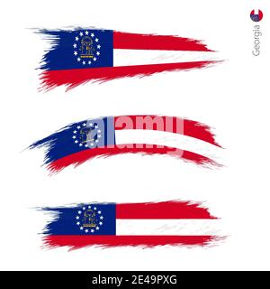Set of 3 grunge textured flag of US State Georgia, three versions of state flag in brush strokes painted style. Vector flags. Stock Vector