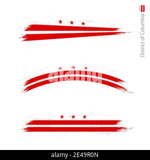 Set of 3 grunge textured flag District of Columbia, three versions of flag in brush strokes painted style. Vector flags. Stock Vector