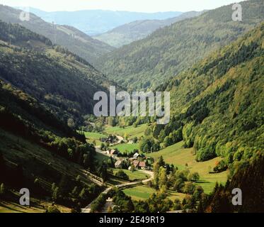 North Europe, Germany, Black Forest, a winding windy road running through a forested valley in the forested green mountains Stock Photo