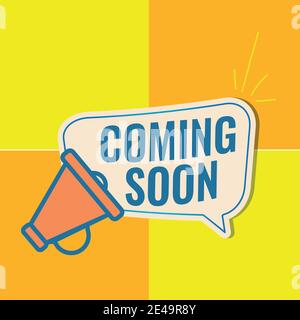 Coming soon sign with announcement megaphone. Vector flat illustration on yellow background. Stock Vector