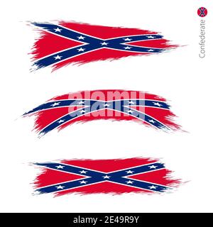 Set of 3 grunge textured flag of Confederate, three versions of state flag in brush strokes painted style. Vector flags. Stock Vector