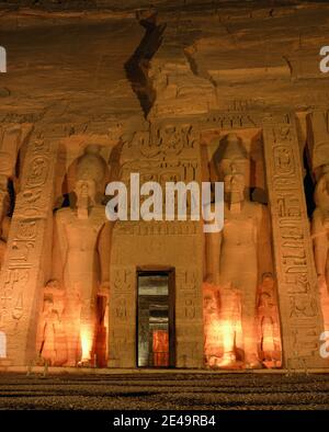 North Africa, Egypt, Abu Simbel, Temple of Nefertari and Hathor illuminated at night in the Son et Lumiere show Stock Photo