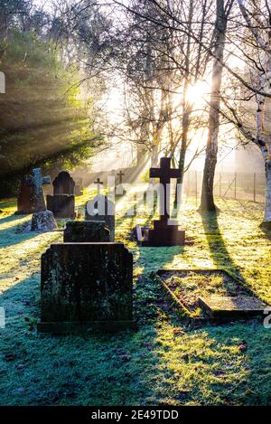 Early morning sunlight on frosty day in a cemetery Stock Photo